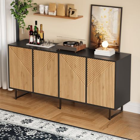 Sideboard mit 4 Türen und 3 Stützfüßen, aus Naturholz und Schwarz, 160x40x75 cm (1/5)