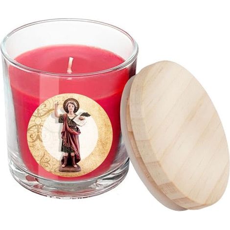 Bougie de Saint Pancrace rouge Bocal en verre avec couvercle dans une boîte avec histoire 7 x 7 x 8,5 cm