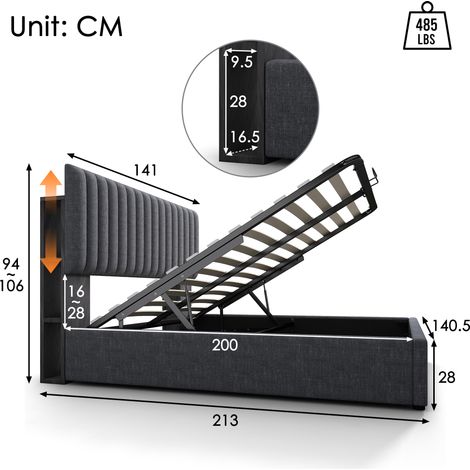 Lit rembourré double 140×200cm gris,LED APP,USB‑C,rangement,tête réglable,cadre à lattes en bois,avec matelas