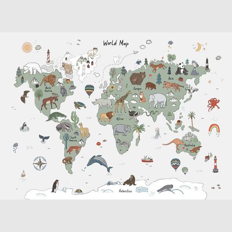 Papier peint intissé - Carte du monde avec animaux verts et gris (dessin) - 375x270 cm (1/4)
