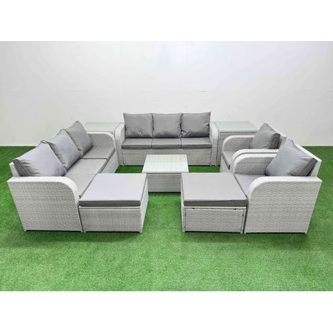 Fimous PE Rattan High Back Lounge Sofa Set Patio Square Coffee Table & Chairs Set with 3 Seater Sofa Reclining Chair 2 Big Footstool 2 Side Table Light Grey (1/4)