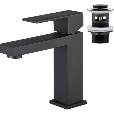 Robinet de Lavabo pour Salle de Bain et Bonde Pop Up avec Trop Plein, Robinet Mitigeur Monocommande de Salle de Bain Carré en Acier Inoxydable Noir Mat. (1/5)