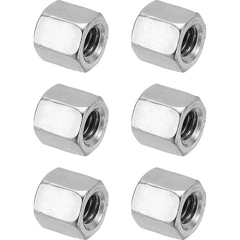 Ecrou Long M6 x 1 de Pas Écrou Hexagonal en Acier Inoxydable 304, 6Pcs 12mm/ 0.5" Longueur Raccords de Tige Filetés Grossiers, Écrous de Couplage, Ton Argent (1/5)