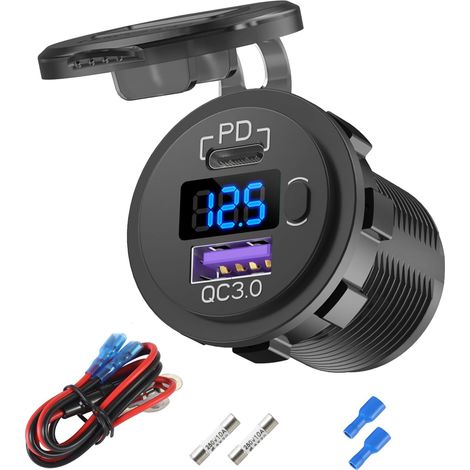 Chargeur de Voiture 12V USB C, 38W 12V USB Allume-Cigarette de Remplacement avec PD 3.0 et QC 3.0 Port U-S-B Voiture, Prise USB 12 Volt étanche avec Interrupteur et voltmètre pour Voiture Marine (1/5)