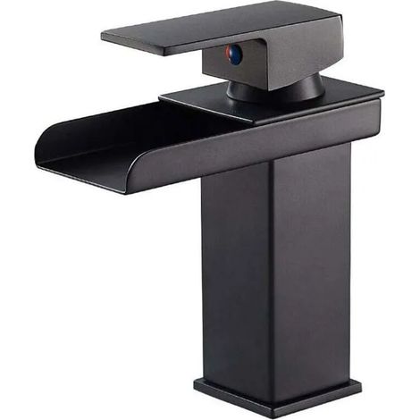 Robinet de lavabo cascade noir mat, en laiton, eau chaude et froide, valve en céramique (1/4)