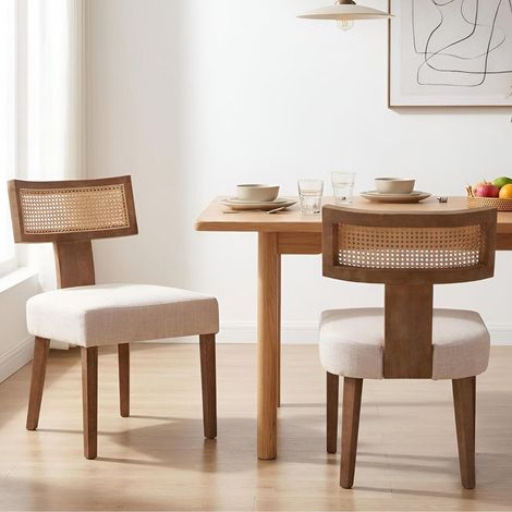 Esszimmerstühle 2er Set Leinen mit Rattan Rückenlehne, Holz Polsterstuhl Beige (1/5)