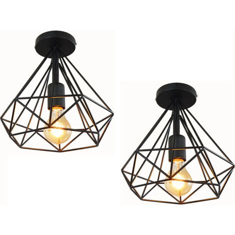 – Lot de 2 plafonniers industriels métal forme diamant 25cm – Abat-jour E27 noir – Luminaires pour salon, cuisine, chambre, entrée (1/4)
