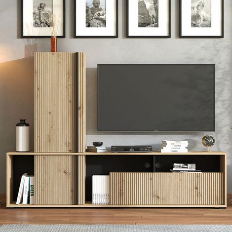 Mueble de pared Montiano, mueble de salón modular, 7 estantes, 3 puertas, marrón roble con nudos (1/5)