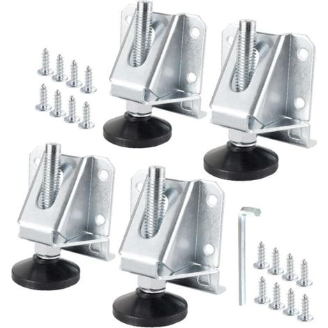 4 adjustable and sturdy furniture leveling feet with anti-scratch pads, screws and locknuts for workbenches, cabinets and tables, silver (1/5)