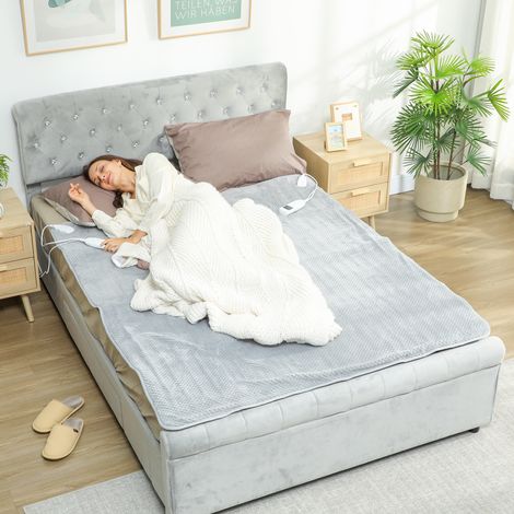 Chauffe-lit électrique 160 x 140 cm avec 5 niveaux de chaleur et 2 télécommandes. En polaire et polyester gris.