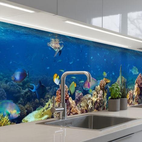 Kitchen Splashback Underwater landscape - Fish - Turtle - Blue 500x60 cm