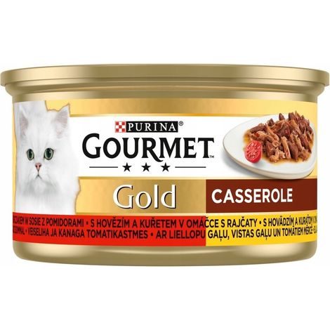 Guiso para gatos Gourmet Gold con carne de res y pollo en salsa de tomate 85 g