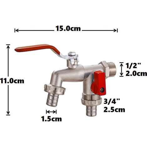 Robinet pour tuyau d'irrigation, robinet à double vanne en alliage de zinc, becs de 1/2 pouce et 3/4 pouce, avec entrée de tuyau de 3/4 pouce. (1/5)