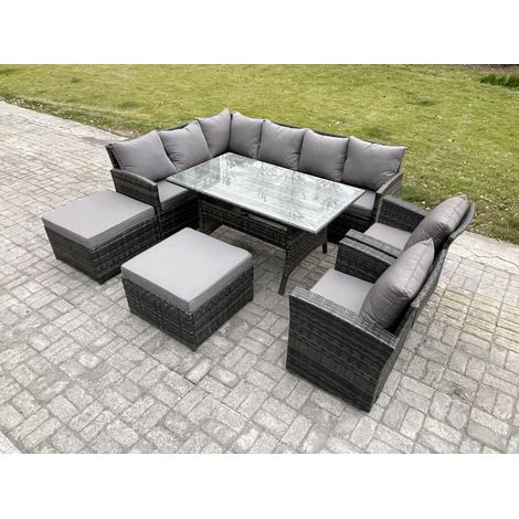 Fimous 10 Seater Outdoor Rattan Garden Furniture Set with Rectangular Dining Table 2 Big Footstool 2 Armchiars Patio Wicker Corner Sofa Set Dark Grey Mixed (1/5)
