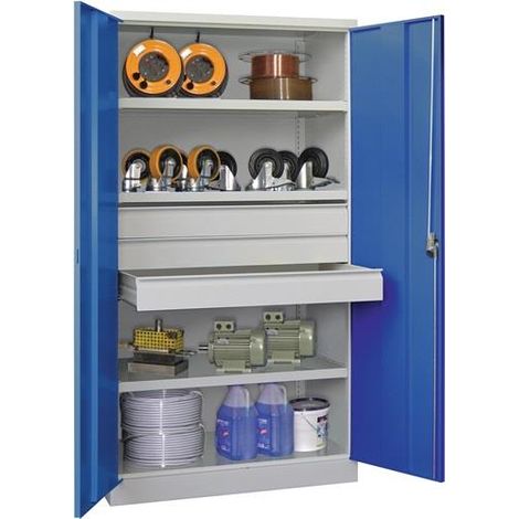 Schwerlastschrank Basic H1950xB1040xT630mm grau/enzianblau 3Fbd.Schub.3x125mm (1/2)