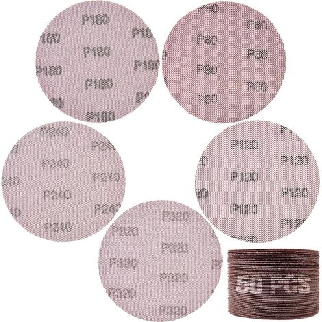 5 pouces Papier abrasif à mailles 50 pièces disques de ponçage auto-agrippants, grains 80, 120, 180, 240, 320 tampons abrasifs sans poussière pour carrosserie d’auto, bois, cloisons sèches (1/5)