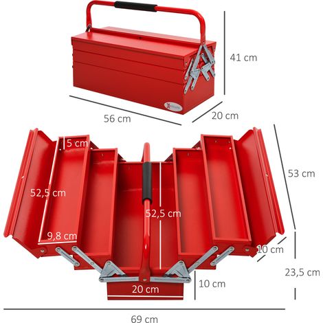 Coffre à outils à 5 compartiments, à charnières, en acier (SPCC), rouge, 56 x 20 x 41 cm (1/5)