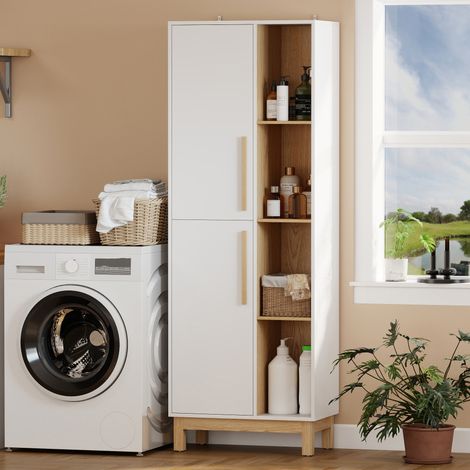 Armoire de salle de bain haute, meuble gain de place avec 2 portes et 4 étagères ouvertes, étagères réglables, pour buanderie, 62,5 x 35 x 176 cm, blanche (1/5)