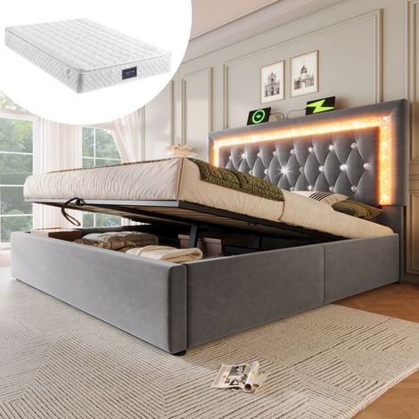 Lit - KOMHTOM - Diamant - 140x200 cm - Velours gris - Rangement hydraulique (1/5)