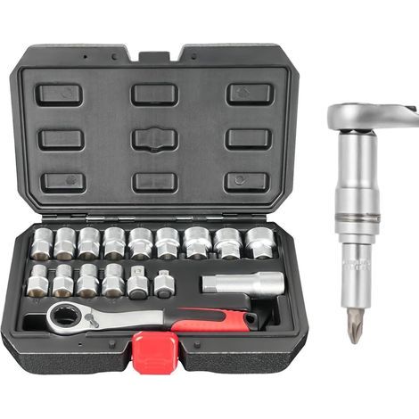 Ratschen- und Steckschlüsselsatz – Mechanischer Werkzeugsatz, Kompaktset, Set mit Verlängerung und metrischem Bit für Heimwerkerarbeiten, Autoreparaturen, Koffer (1/5)