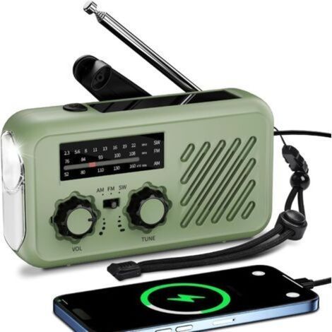 Emergency Portable Radio, AM/FM/SW Battery-Powered Survival Radio, Rechargeable Solar Hand-Crank Radio with SOS Alarm, 2000mAh Power Bank, Flashlight, LED Reading Light (1/5)