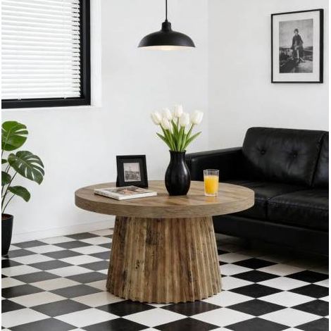 Mesa de centro redonda 80 cm en MDF marrón con pie acanalado, altura 45 cm OKWISH (1/5)