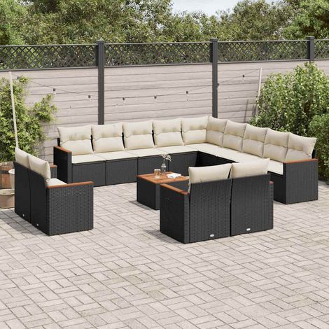 Ensemble de jardin 3 pièces noir avec inclinables : table en acacia massif 90x90, chaises en résine tressée, coussins blanc crème lavables - Portée max 110kg (1/3)