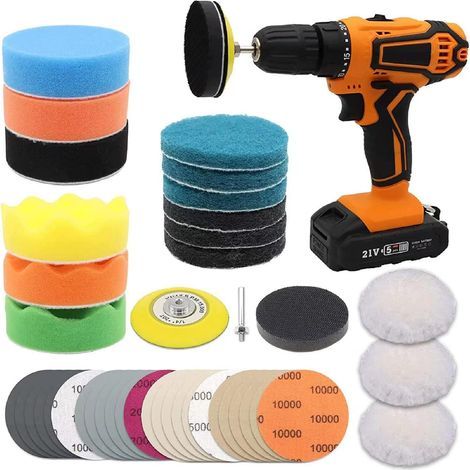 Kit de rénovation de phares de voiture, disques de polissage et de ponçage de 7,6 cm (3 pouces) avec support à tige de 6,35 mm (1/4 pouce), tampons à récurer, éponge à polir, interface douce, polissoi (1/5)