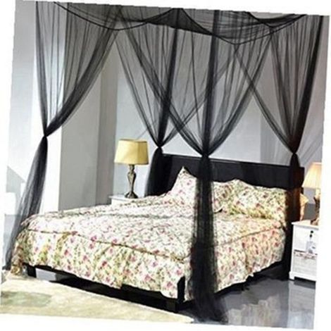 Bett-Moskitonetz, Schwarz – Vier-Ecken-Moskitonetz für Studentenbetten, eleganter Baldachin, Bettbezug für Queensize-Betten (1,5 m) (1/2)