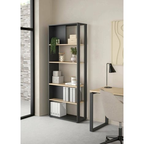 Dmora - Estante para libros MuGuiying, Estante de oficina, Porta libros móvil, Biblioteca, 80x34 h205 cm, Roble y Gris (1/5)