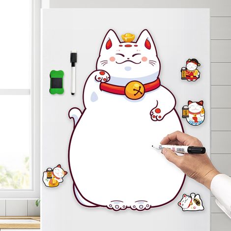 Tableau blanc magnétique pour réfrigérateur, en PVC souple à forte adhérence, en forme mignonne de chat porte-bonheur, avec stylo et gomme (43,2 x 43,4 cm / 17 x 17,1 pouces) (1/5)