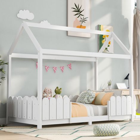 Bett Kinderbett Hausbett 90x200 Rausfallschutz OKMYHOME
