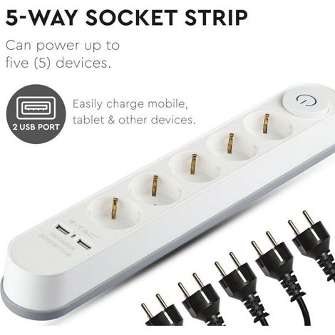 V-TAC Multipresa con Cavo 3m 5 Prese 16A con Interruttore Luminoso e 2 USB Colore Bianco (1/5)