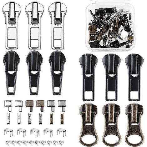 Kit de réparation de fermeture éclair, kit de remplacement de 5 curseurs, tirette, butée inférieure et supérieure pour réparer la fermeture éclair. (1/5)