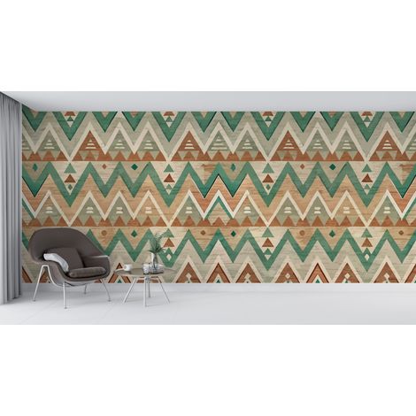 Papier peint géométrique - motifs ethniques et zigzags verts - 150 x 250 cm (1/2)