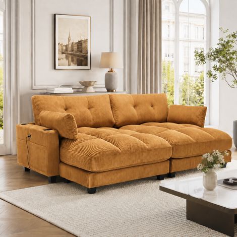 Canapé 2 places en velours côtelé - Jaune moutarde - Convertible en 2 fauteuils individuels - 2 coussins assortis (1/5)