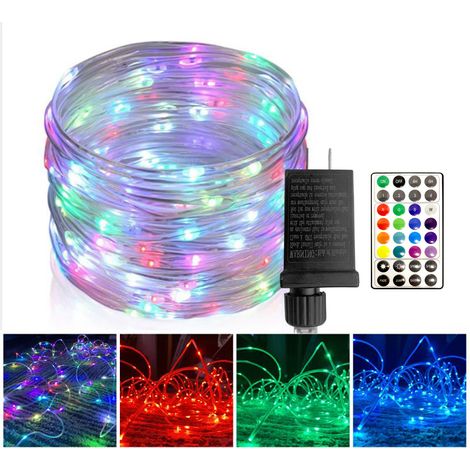 guirnalda de luces, 100 LED RGB, 16 colores, resistente al agua IP65, mando a distancia de 32 botones, para uso interior/exterior. (1/5)