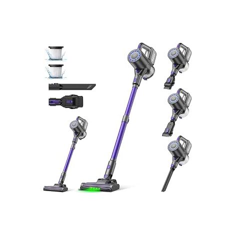 GBLY Aspirapolvere a batteria, carcassa viola, potenza di aspirazione di 40 kPa, spazzola per pavimento a LED verde per pulizia visiva, filtrazione HEPA a 5 stadi, telescopico e autoappoggiante, adatt