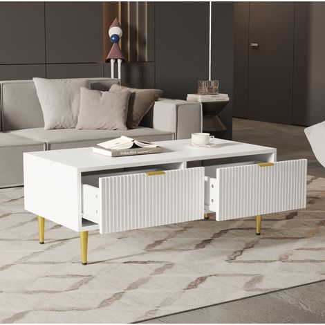 Tavolino da caffè MDF bianco e oro 100 cm con 2 cassetti (1/5)