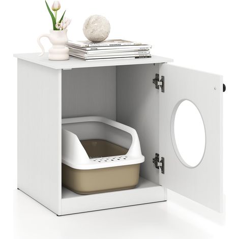 Lettiera per gatti in legno, foro di accesso grande Ø 25 cm, cuccia per gatti, cuscinetti antiscivolo, tavolino, 51x47x57 cm, bianco (1/5)