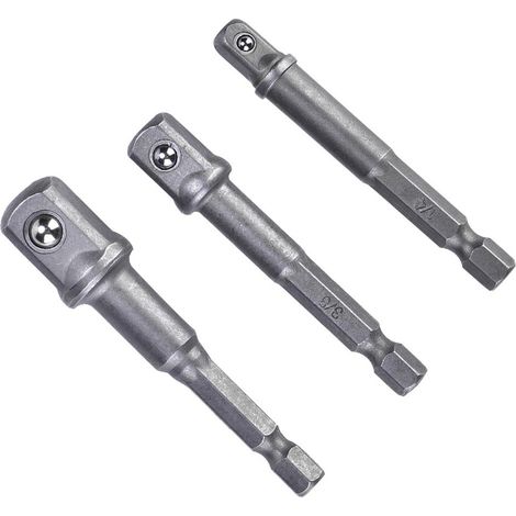 Adaptateur Douille Acier Chrome Vanadium - Conversion 1/4 Hex Vers 1/4 3/8 1/2 Carré - Pour Perceuse Électrique - Ensemble 3 Pièces (1/5)