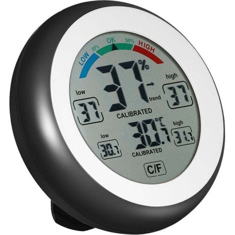 Thermomètre et hygromètre rond noir à écran tactile avec horloge (1/4)