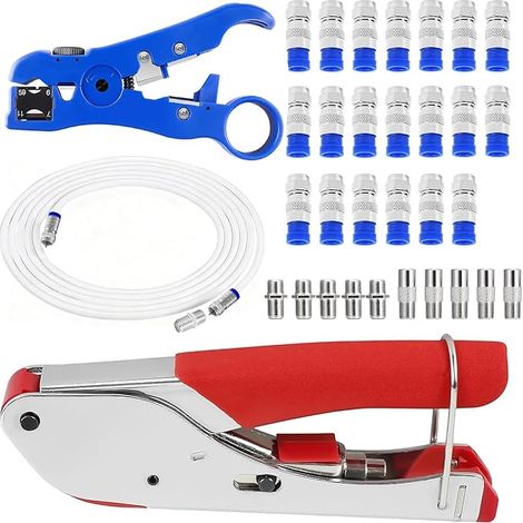 Ensemble de pinces à sertir pour câble coaxial RG6/RG59 - Avec 20 connecteurs F, câble TV RG6, adaptateur et accessoires de connexion TV (1/5)