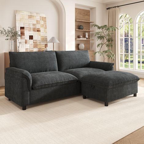 Canapé d'angle modulable 2 places avec pouf coffre, convertible d’appoint, 216x77x82 cm, chenille noir (1/5)
