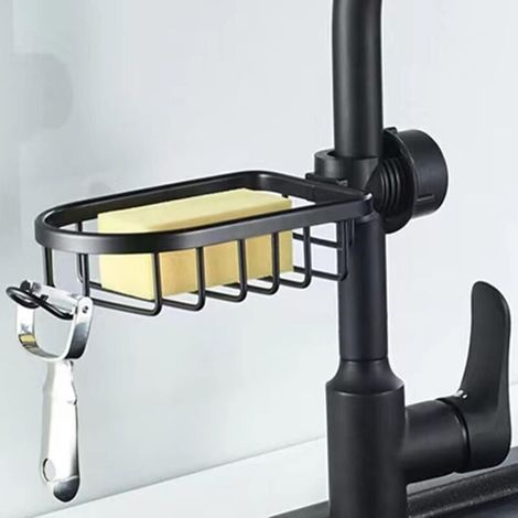 Jabonera para barra de ducha con gancho - Estante, cesta y organizador sin taladro para esponja y accesorios - Para barras de 20-27 mm (Negro) -Crezuo