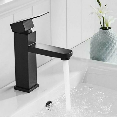 Robinet d'eau chaude et froide pour évier, plan de travail, salle de bain, effet cascade, mitigeur, robinet monochrome, carré, chromé, pour cuisine et usage domestique