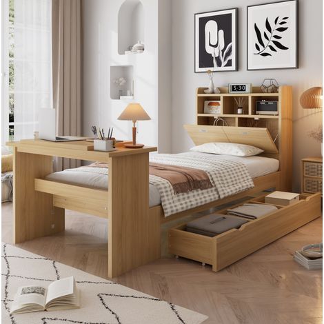 Lit simple 90/200 cm décor chêne avec tiroir, étagère de tête et table pliante (1/5)