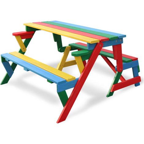 HABAU Kinderpicknickbank 2-in-1 aus Holz, klappbar, Rot / Grün / Blau / Gelb, 100 x 50 x 62 cm