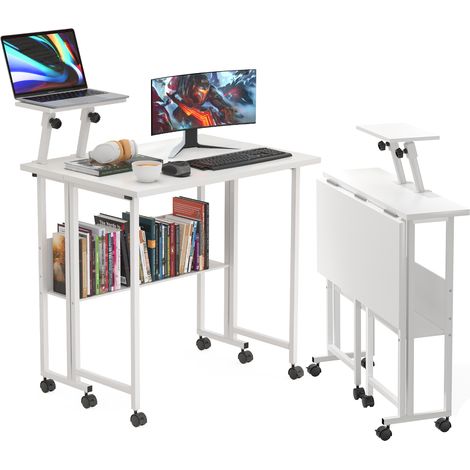 Table de Bureau Pliante pour Petits Espaces, Table d'ordinateur Portables avec Support Ecran, pour Travailler, Blanc
