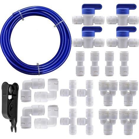 10M Water Supply Hose Tube, 1/4" Refrigerator Connectors Kit, Water Purifiers Quick Connect Tube Fittings Type Y+T+I+L+Ball Valve Reverse Osmosis Systems - Blue (1/5)